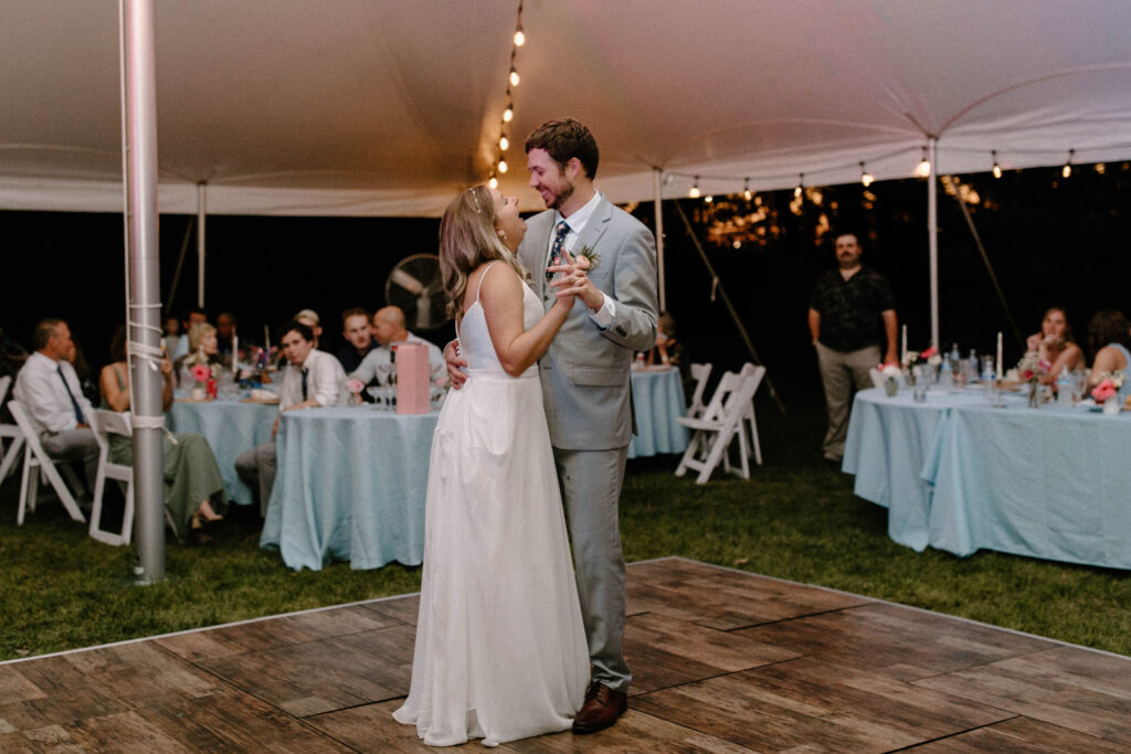 first dance at intimate backyard wedding reception